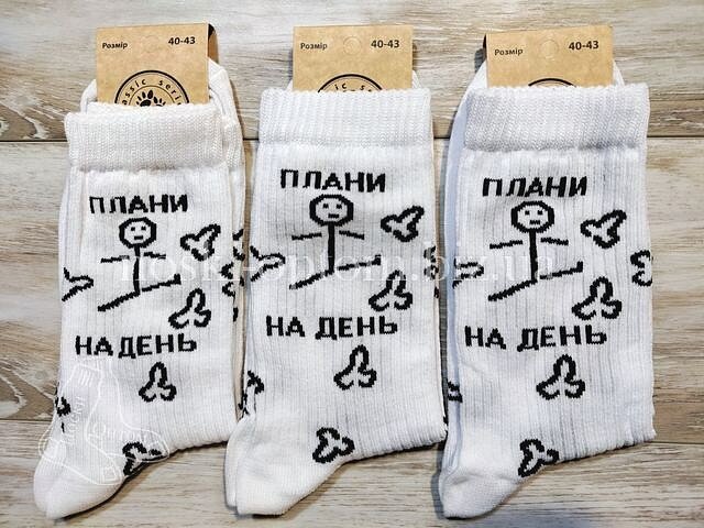 Шкарпетки чоловічі, бавовняні «ШКАРПЕТКОФФ» з принтом і написом "Плани на день", білі.