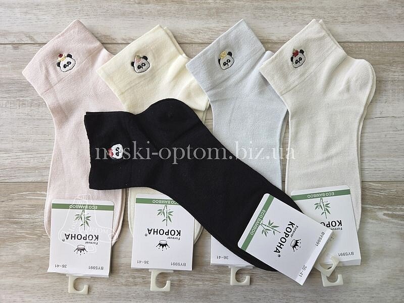 Шкарпетки жіночі бамбукові ТМ "КОРОНА" короткі однотонні, вишивка "Панда" на резинці, BY5991-3.