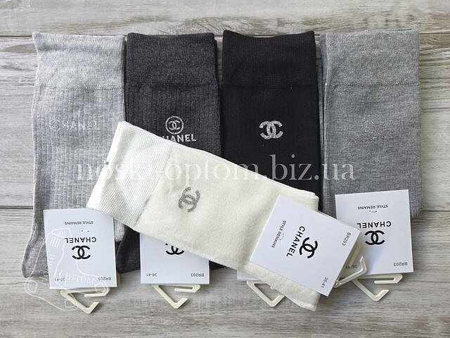 Шкарпетки жіночі бавовняні високі ТМ «CHANEL» з принтом логотипу біля гумки, асорті, BR203.